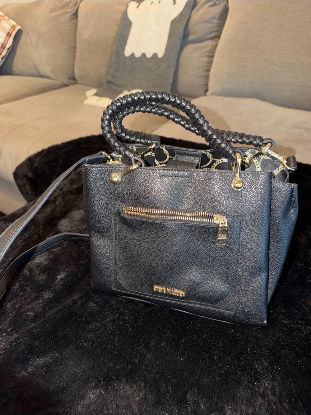 Steve Madden Black Leather Braided-Handle Satchel with Gold Hardware